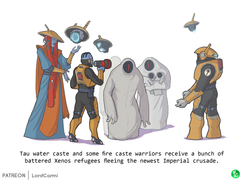 ﻿Tau water caste and some fire caste warriors receive a bunch of battered Xenos refugees fleeing the newest Imperial crusade. PATREON LordCarmi,lordcarmi,Warhammer 40000,wh40k, warhammer 40k, ваха, сорокотысячник,фэндомы,Psyker,Craftworld Eldar,Эльдар, Eldar,