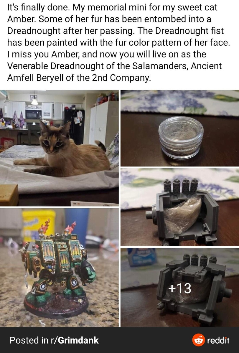 ﻿It's finally done. My memorial mini for my sweet cat Amber. Some of her fur has been entombed into a Dreadnought after her passing. The Dreadnought fist has been painted with the fur color pattern of her face. I miss you Amber, and now you will live on as the Venerable Dreadnought of the