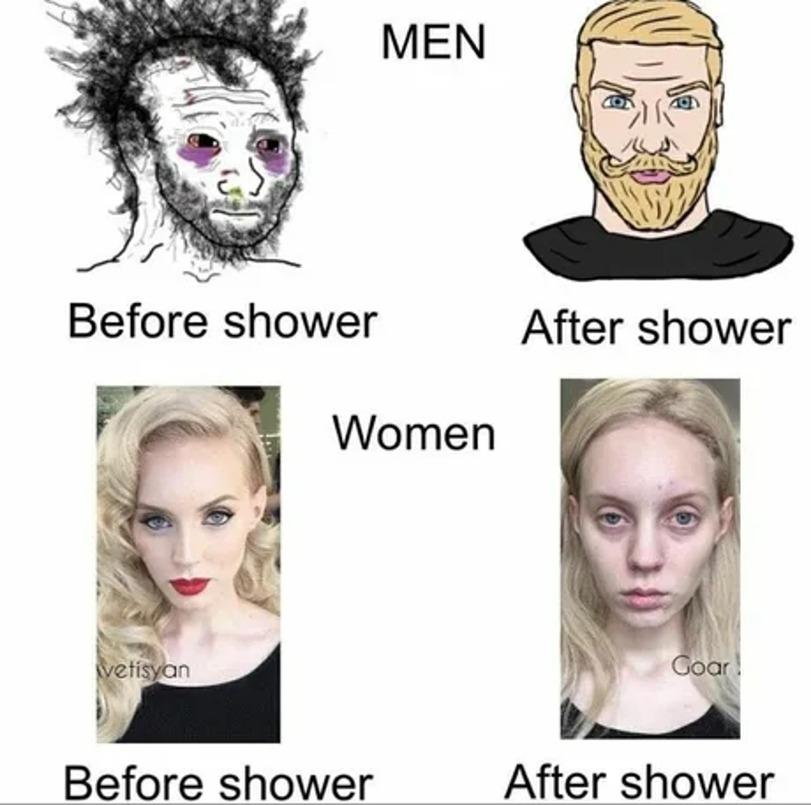 ﻿MEN Before shower After shower Before shower After shower,Мемы,Мемосы, мемасы, мемосики, мемесы,Nordic Gamer,Yes Chad,Wojak,Вояк,ДО,После,душ,мужчины и женщины,удалённое