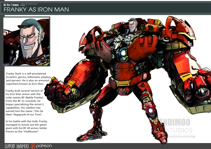 ﻿CHARACTER CONCEPT DESIGN fcfeiSiE One Piece X Avengers FRANKY AS IRON MAN Franky built several version of his Iron Man armor with the code names BF (Battle Franky). From the BF 11 onwards, he began specializing the armor's capabilities. His intellect has earned him the name "The Da Vinci