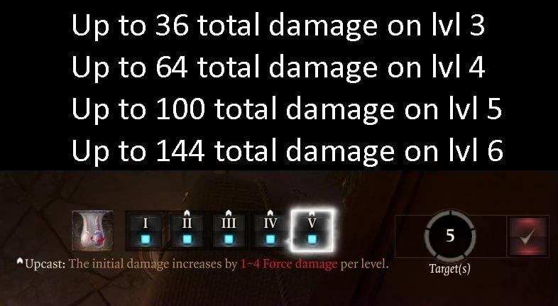 ﻿Up to 36 total damage on Ivl 3 Up to 64 total damage on Ivl 4 Up to 100 total damage on Ivl 5 Up to 144 total damage on Ivl 6* Upcast: The initial damage increases by	<.	per level.,Baldur's Gate 3,Балдур Гейт 3,Baldur's Gate,Игры,модификация,удалённое