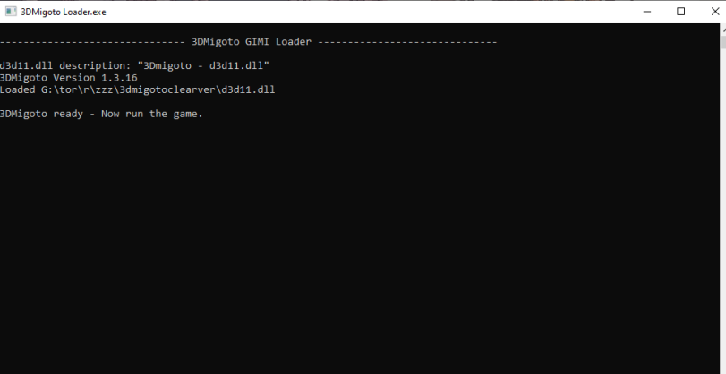 ﻿■ 3DMigoto Loader.exe ..............................- 3DMigoto GIMI Loader d3dll.dll description: ”3Dmigoto - d3dll.dll” 3DMigoto Version 1.3.16 Loaded G :\tor\r\zzz\3dmigotoclearver\d3dll.dll 3DMigoto ready - Now run the game. □ X,Zenless Zone Zero,Игры,NSFW,Zenless Zone Zero Mods,Игровая