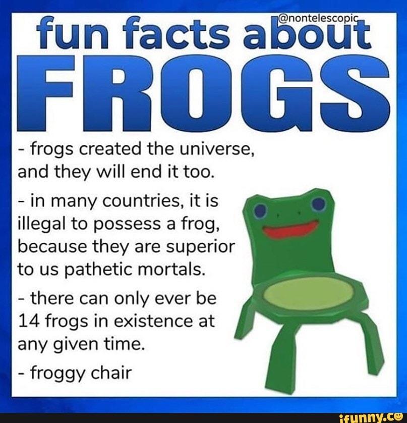 ﻿fun facts about FROGS - frogs created the universe, and they will end it too. - in many countries, it is illegal to possess a frog, because they are superior to us pathetic mortals. - there can only ever be 14 frogs in existence at any given time. - froggy chair