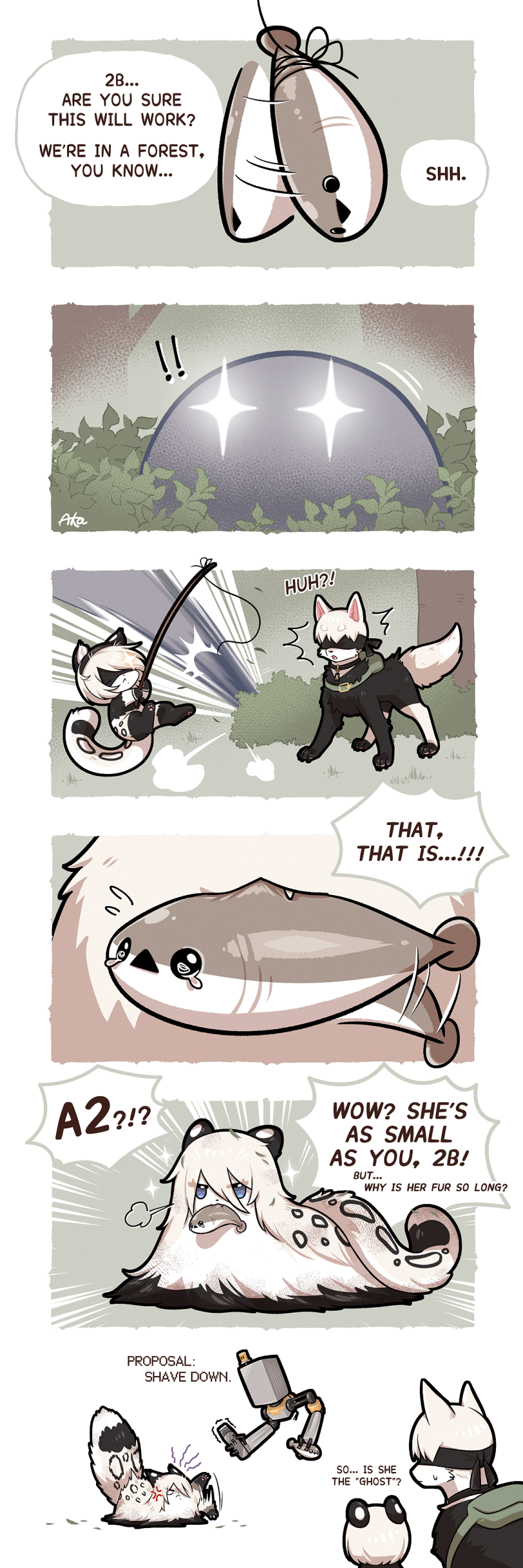 ﻿THAT, THAT IS.../// WOW? SHE'S AS SMALL AS YOU, 2B/ WHY IS HER FUR SO LONG?,missaka,artist,NieR Automata,Nier (series),Игры,YoRHa No.2 Type B,YoRHa No.9 Type S,YoRHa No.2 Type A,Pod (Nier Automata),Игровой комикс,комиксы без перевода,собакен,снежный барс,леопард,котёнок,котэ,прикольные картинки
